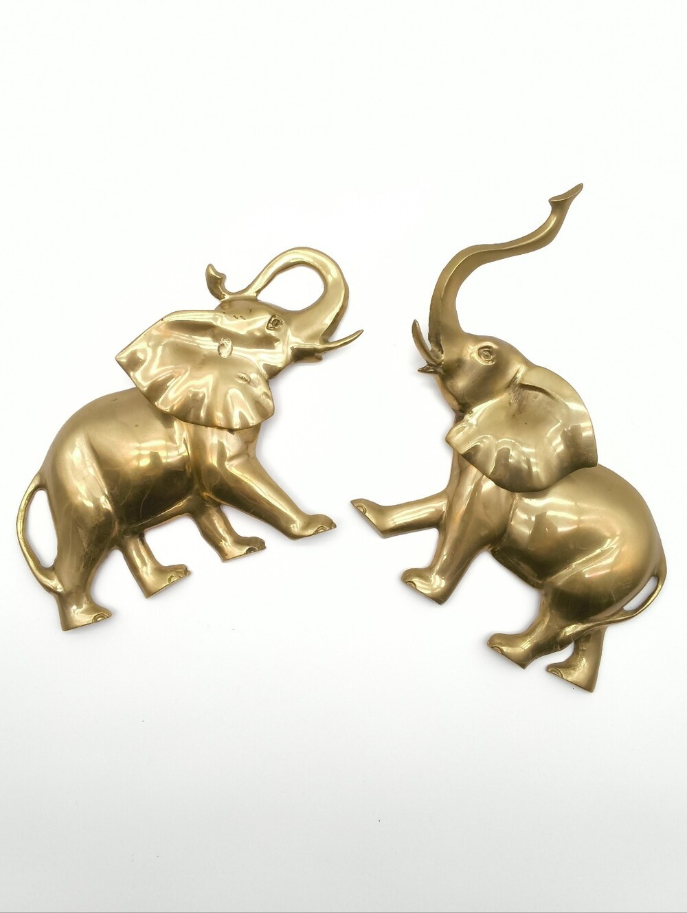 Vintage Mid Century Brass Elephant Wall Plaques Set of 2 Lucky Trunk Up MCM